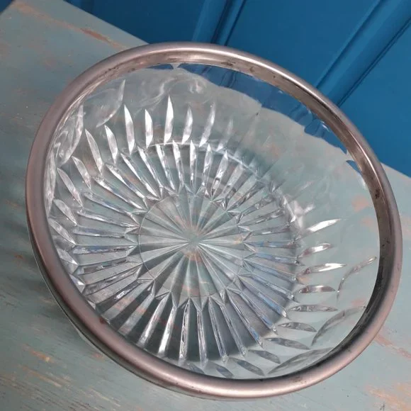 Cut Crystal Glass Bowl with Silver Plated Rim Vintage Serving Bowl - Picture 9 of 16